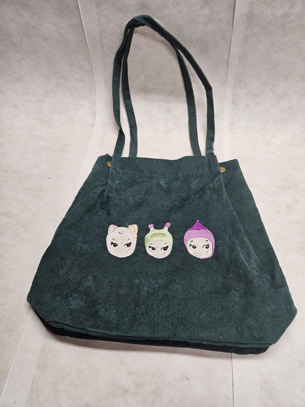 Corduroy Dark Green Tote Bag with Cute Embroidered Faces